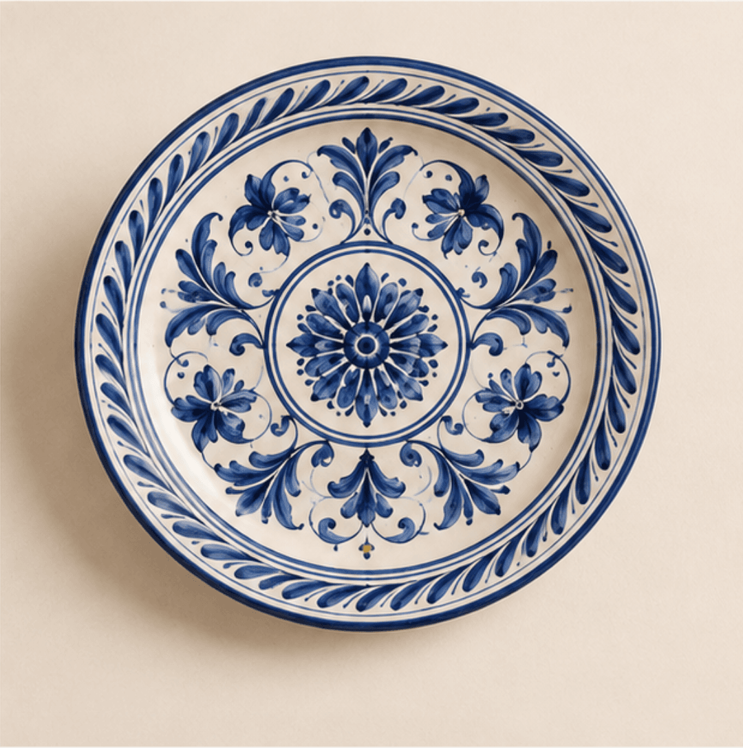 Piatto Decorativo Blu e Bianco Dipinto a Mano